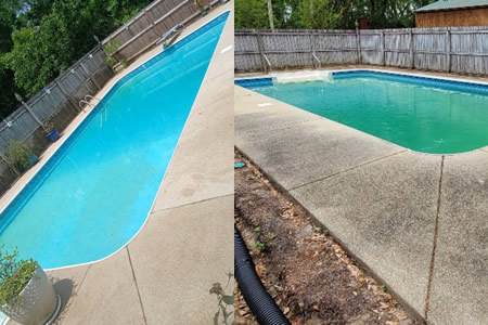 Technician soft washing a slippery pool deck in Fairhope, AL